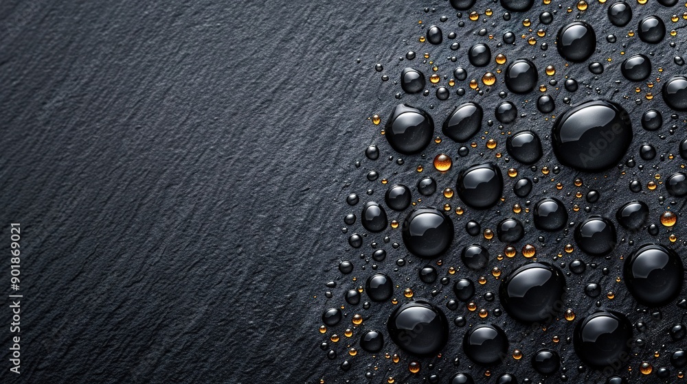 Aufkleber   Drops of water on a black surface with a yellow spot centered on one side of the drop on the left side of the image