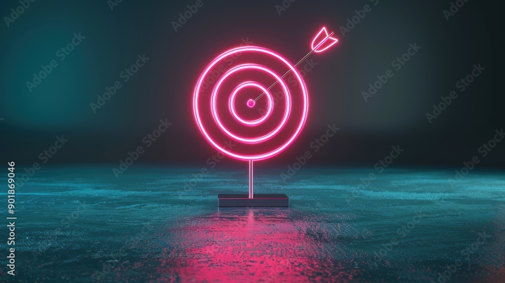 Aufkleber a futuristic neon target symbol glowing brightly against a dark, minimalist backdrop, conveying a se