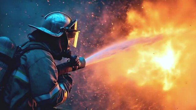 Male firefighter while extinguishing a huge fire