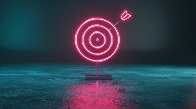 A futuristic neon target symbol glowing brightly against a dark, minimalist backdrop, conveying a sense of purpose and direction. The image offers ample copy space for adding text or graphics related