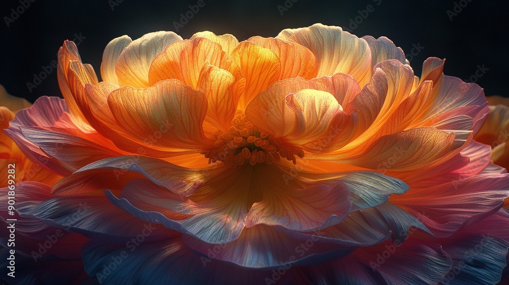 Poster close-up of a large flower with numerous petals surrounding the central part
