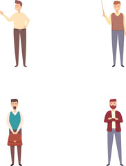 Male teacher icons set cartoon vector. Teacher conducting lesson. Education, training