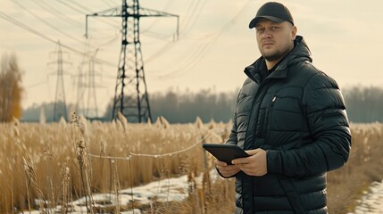 A worker with a hard hat smiles while using a tablet in front of towering power lines under a clear sky
