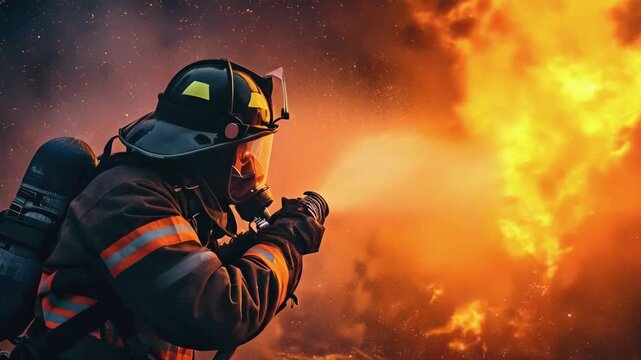 Male firefighter while extinguishing a huge fire