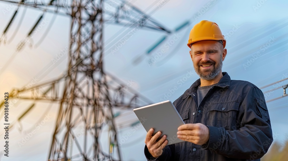 Poster a worker with a hard hat smiles while using a tablet in front of towering power lines under a clear 