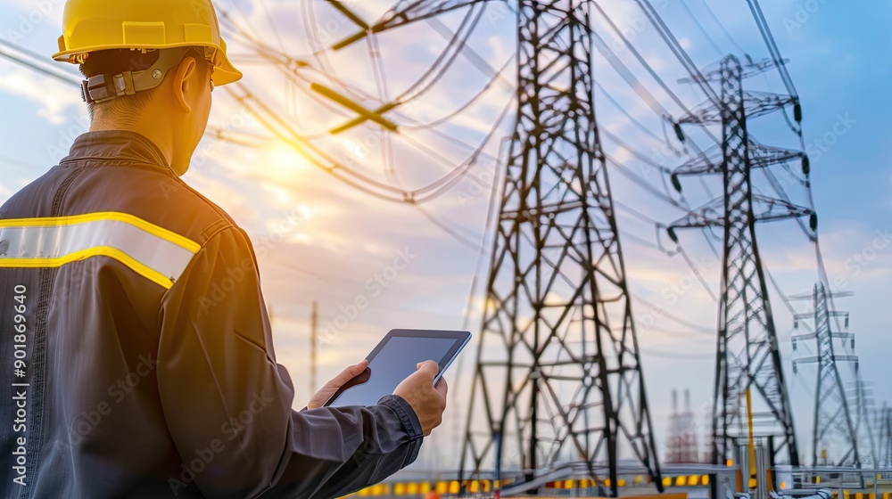 Poster a worker with a hard hat smiles while using a tablet in front of towering power lines under a clear 