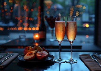 two glasses of champagne and fruit on a table.
