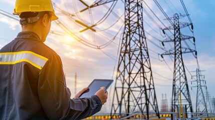 A worker with a hard hat smiles while using a tablet in front of towering power lines under a clear sky