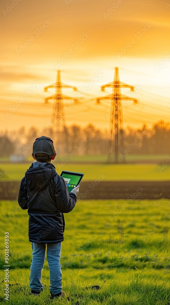Poster a worker with a hard hat smiles while using a tablet in front of towering power lines under a clear 