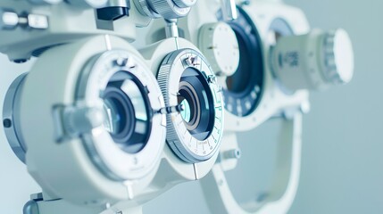 Closeup of an eye exam machine, focusing on the lens and dials.