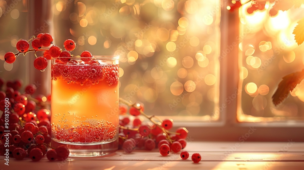 Poster a close-up of a drink in a glass with berries on a table next to a window with a blurred background