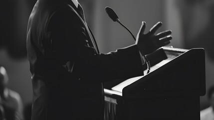 A man speaks passionately at a podium, his hand outstretched.