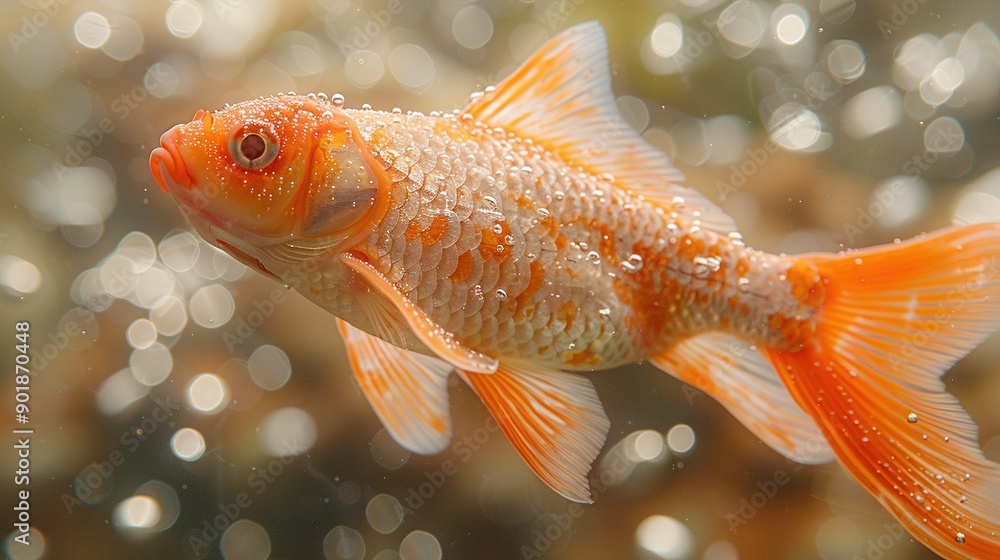 Poster a clear photo of a goldfish with water bubbles on its back and a sharp background