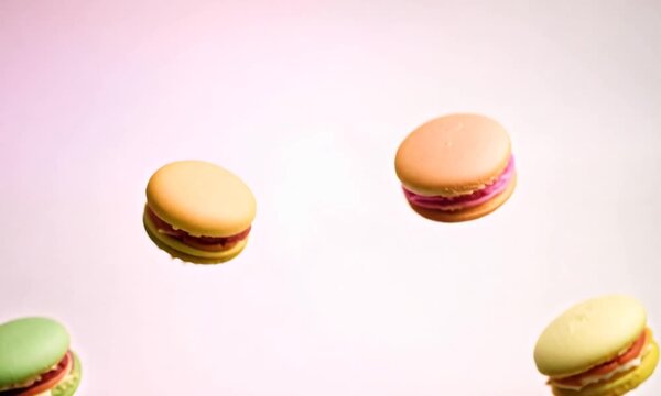 Macarons in Motion: A colorful quartet of macarons dance against a vibrant pink backdrop, capturing the essence of sweetness and delight.