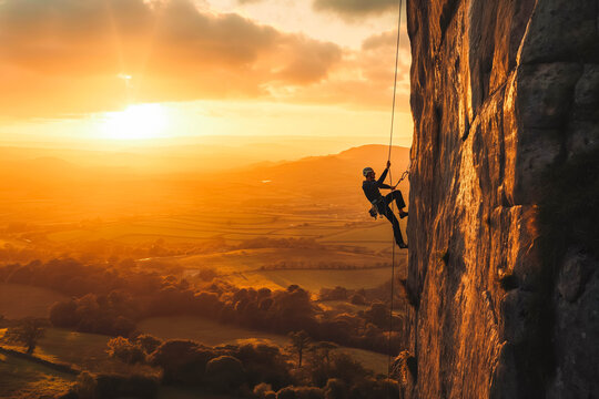 A man climbing a tall rock face, with a vast landscape below, backlit by the setting sun.