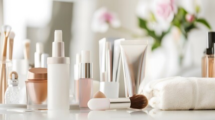 Various beauty products and a makeup brush on a vanity table. - Powered by Adobe