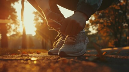 Tying sports shoe. A young sportsman getting ready for athletic and fitness training outdoors. Sport, exercise, fitness, workout. Healthy lifestyle