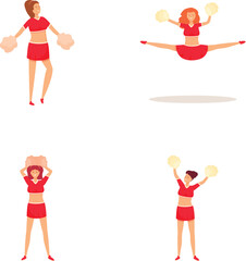 Female cheerleader icons set cartoon vector. Dancing cheerleader girl. Sport event
