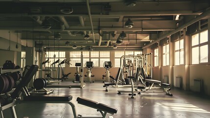 Empty gym with weight machines and treadmills.