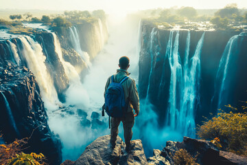 Adventurer taking in the majestic waterfalls of Victoria Falls on the Zambia-Zimbabwe border.