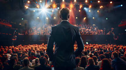 Motivational speaker standing on stage in front of audience for motivation speech on conference or business event.
