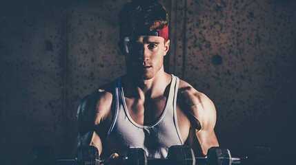 A young man in a white tank top lifts weights in a dark gym.