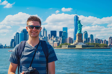 Sightseer standing in front of the Statue of Liberty with New York City skyline.