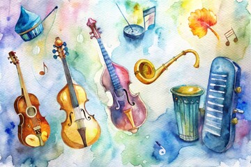 A vibrant display of musical instruments in a magical watercolor world