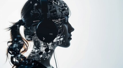silhouette of woman with headphones and musical notes on white background, copy space, double exposure