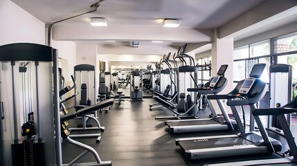 Fototapeta premium Modern gym with treadmills and weight machines.