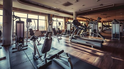 Modern gym interior with a variety of workout equipment.
