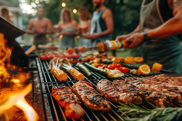 Backyard summer barbecue with friends. A lively image depicting friends enjoying a summer barbecue. Ideal for advertising outdoor activities, social gatherings, and lifestyle content