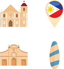 Naklejka premium Philippines landmark icons set cartoon vector. Philippine flag and architecture. Island state