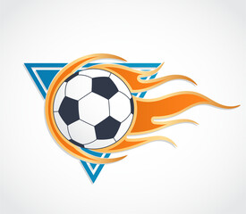 Obraz premium football ball with flames on triangle blue color logo