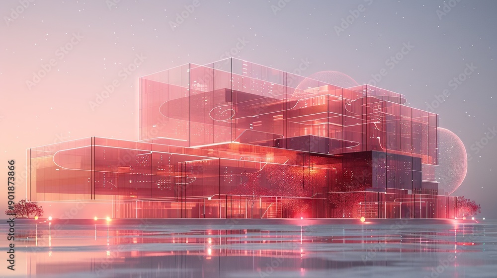 Poster an ai-generated picture of a building surrounded by a body of water and a tree in the foreground