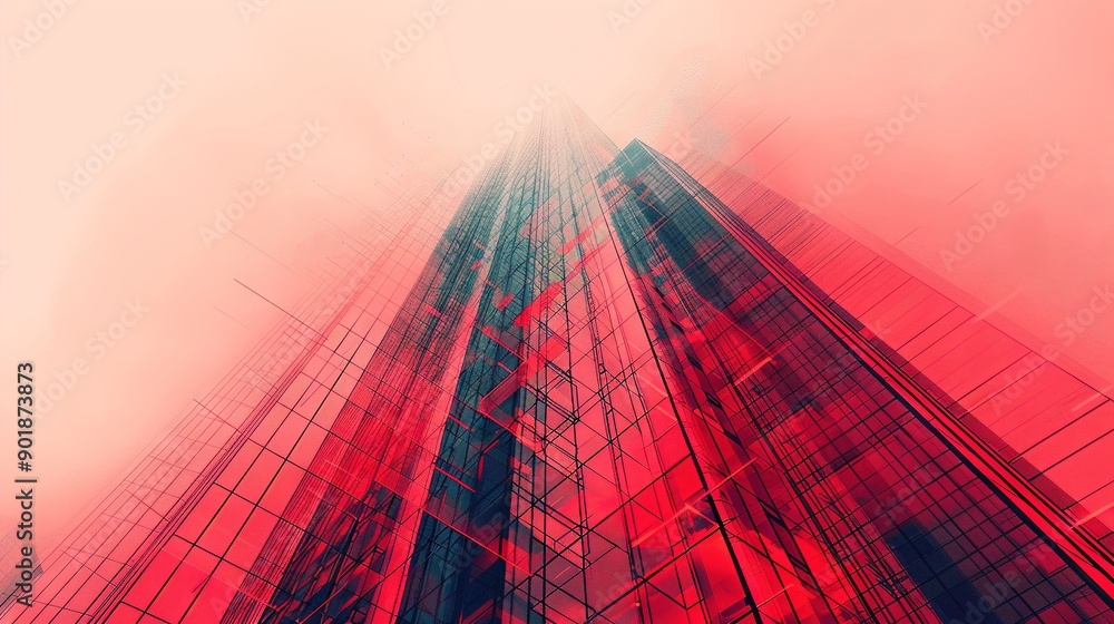 Poster a towering structure adorned with numerous windows flanks a fiery sky