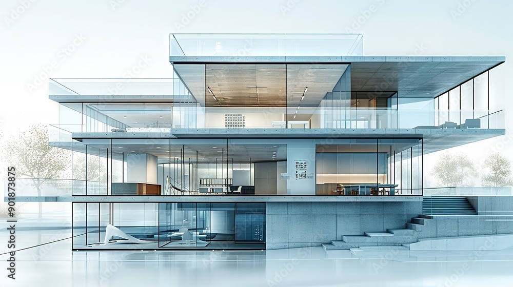 Poster an architectural rendition of a house featuring a staircase ascending to the upper level and another
