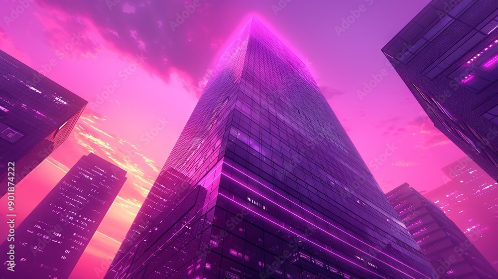 Poster a towering structure featuring numerous windows in the foreground, against a backdrop of a vibrant v