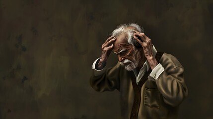A thoughtful elderly man with a white beard touches his head against a brown backdrop.