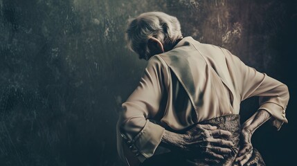 An elderly woman with white hair, in a cream blouse,  holding her lower back in pain.