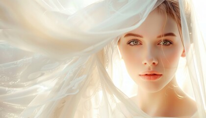 close up beautiful caucasian woman in veil, bride, wedding, closeup