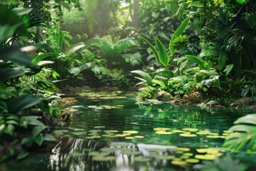 Naklejka premium Side profile shot showcasing a 3D-rendered pond surrounded by dense foliage of a pristine jungle