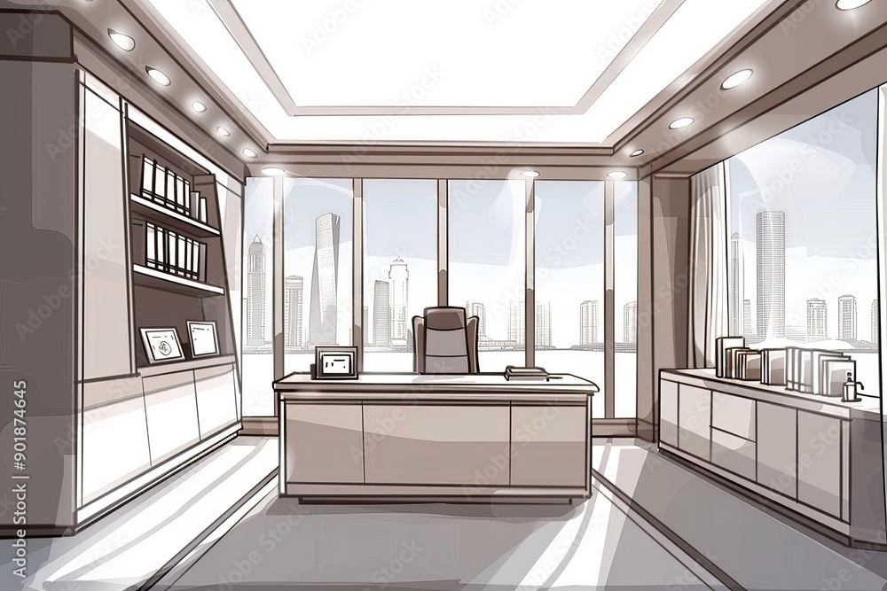 Poster modern office with sketch style furniture large windows and city views creating a bright and inspiri
