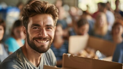 Obraz premium A man with a beard is smiling and holding a box