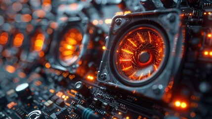 Fototapeta premium Digital 3D Holographic Speakers Emitting Sound Waves with Modern Background