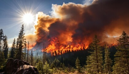 A fiery blaze engulfing a forest, highlighting the danger of wildfires.