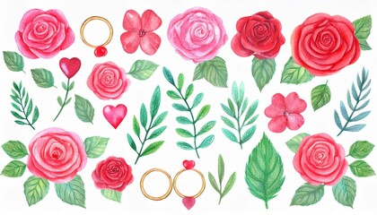 A set of watercolor floral elements. Pink and red roses, green leaves, branches, hearts and rings.