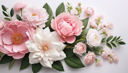 A delicate bouquet of pink and white flowers with green leaves, perfect for floral designs and backgrounds.