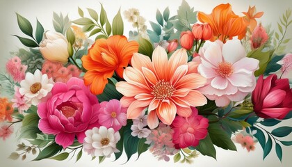 A vibrant and colorful floral arrangement featuring a variety of blooming flowers in shades of pink, orange, and white, with green leaves.