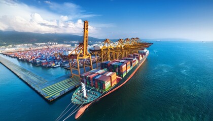 Aerial top view container ship in export and import business and logistics Shipping cargo to harbor by crane